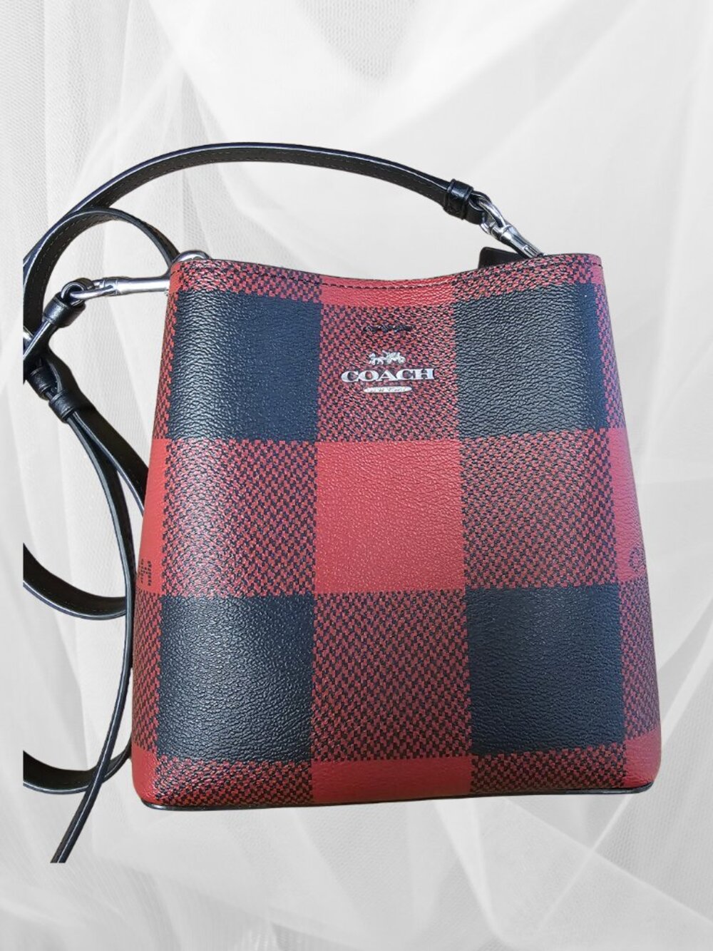 Coach Mollie Red & Black Buffalo Plaid Leather Crossbody Bag